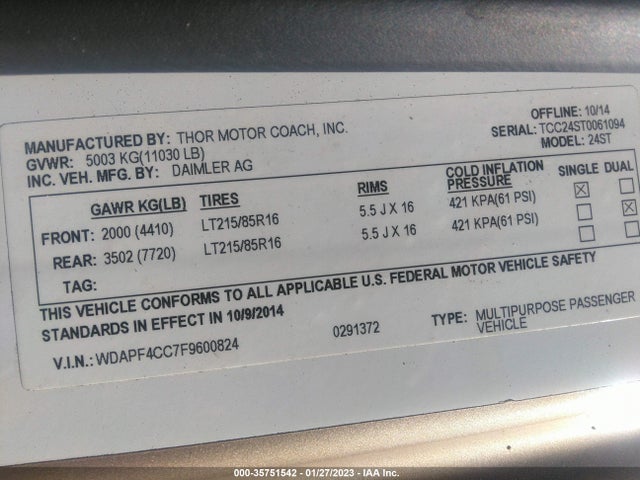 2015 Mercedes-Benz Sprinter, VIN: WDAPF4CC7F9600824