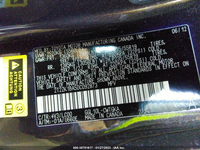 2T2ZK1BA5DC092873 Lexus RX 350