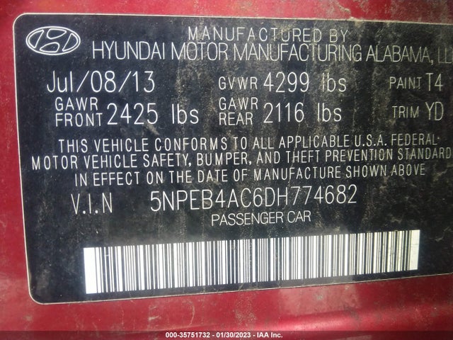 2013 HYUNDAI SONATA GLS VIN: 5NPEB4AC6DH774682