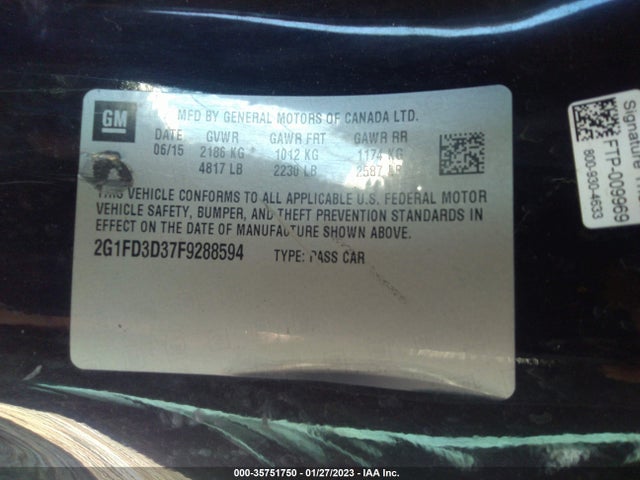 2015 CHEVROLET CAMARO LT VIN: 2G1FD3D37F9288594