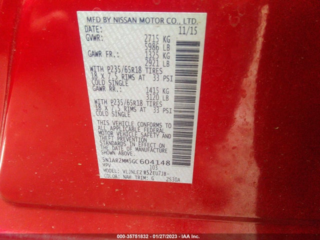 2016 Nissan Pathfinder, VIN: 5N1AR2MM5GC604148