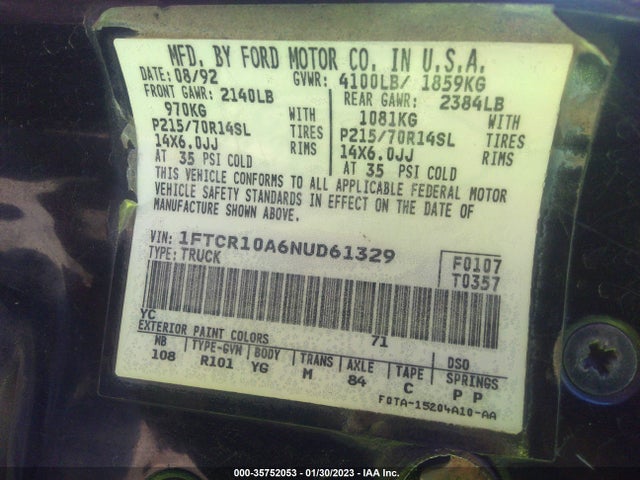 1992 FORD RANGER VIN: 1FTCR10A6NUD61329