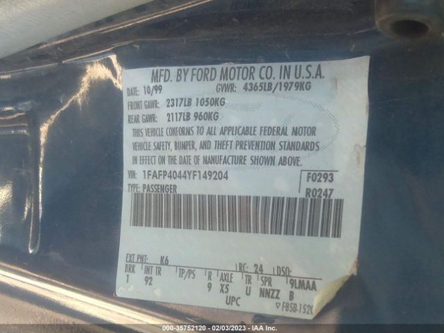 2000 FORD MUSTANG VIN: 1FAFP4044YF149204