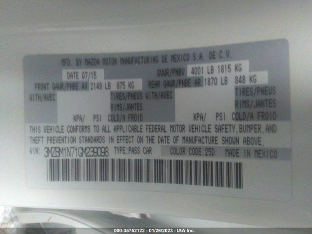 2016 Mazda 3, VIN: 3MZBM1N71GM239098