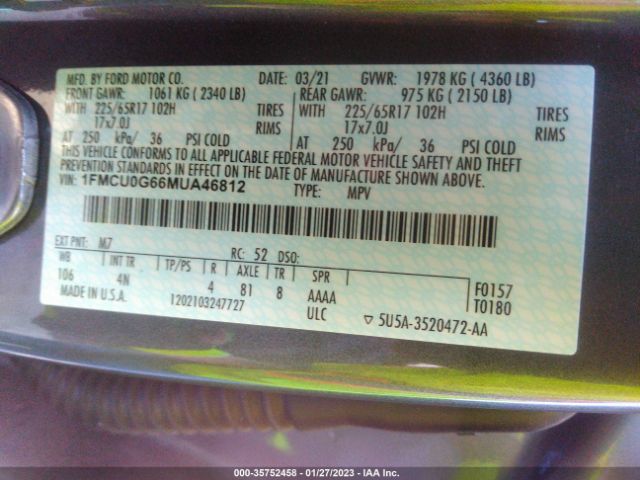 1FMCU0G66MUA46812 Ford ESCAPE SE