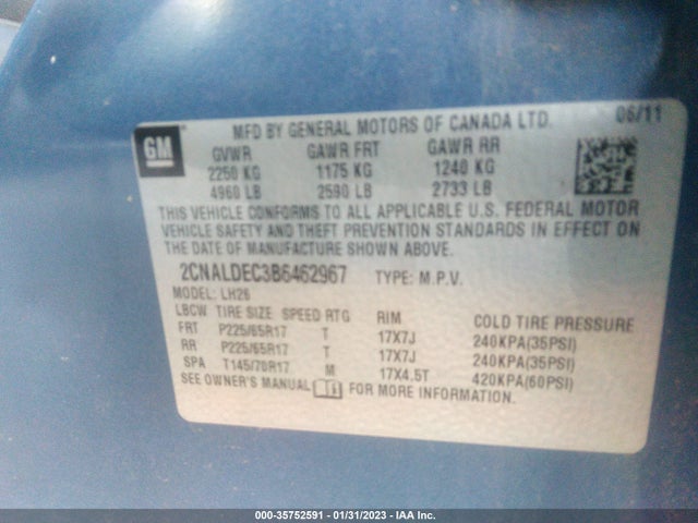 2011 CHEVROLET EQUINOX LT W/1LT VIN: 2CNALDEC3B6462967