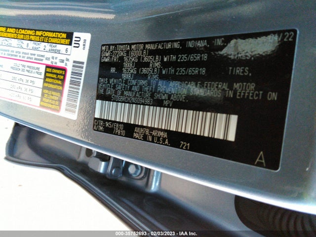 2022 Toyota Highlander, VIN: 5TDGBRCH2NS094983