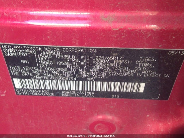 2013 TOYOTA RAV4 XLE VIN: JTMWFREVXD5008794