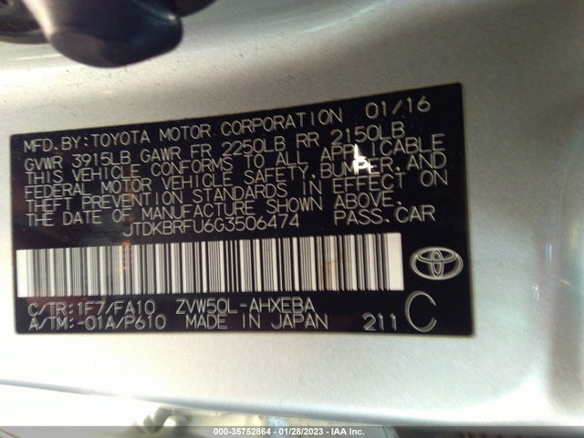 Toyota Prius Two 2016 JTDKBRFU6G3506474 Image 9