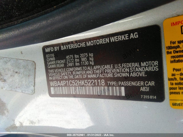 2017 BMW 4 Series, VIN: WBA4P1C52HK522118