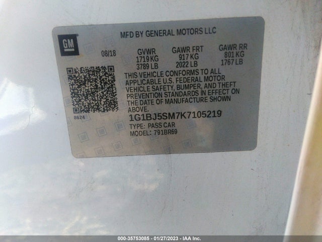 2019 Chevrolet Cruze, VIN: 1G1BJ5SM7K7105219