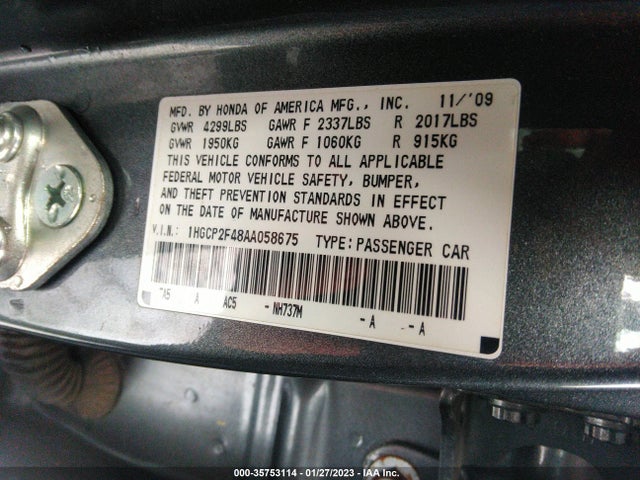 2010 HONDA ACCORD SDN LX-P VIN: 1HGCP2F48AA058675