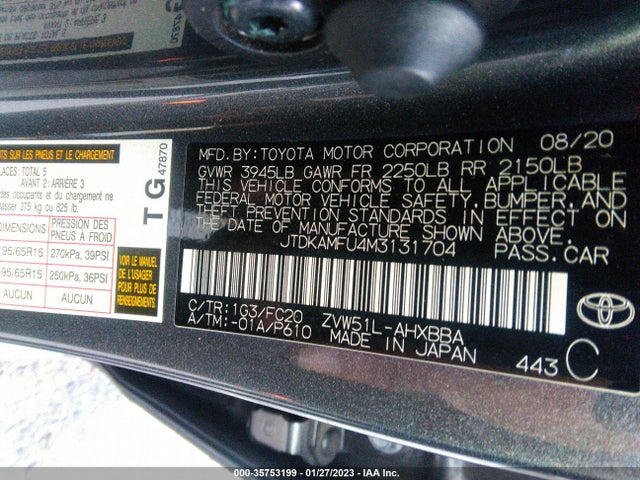 2021 TOYOTA PRIUS L VIN: JTDKAMFU4M3131704