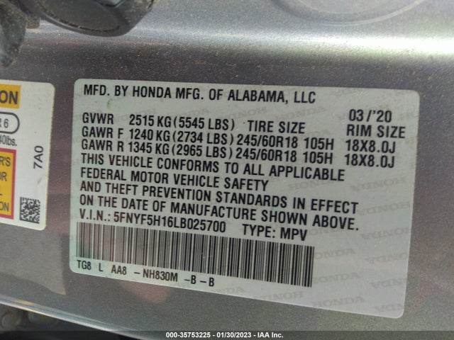2020 Honda Pilot, VIN: 5FNYF5H16LB025700