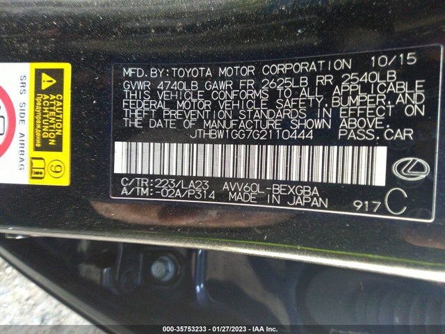 JTHBW1GG7G2110444 Lexus Es 300h Hybrid