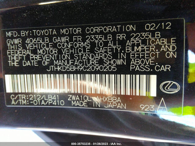 Lexus CT 200H 2012 JTHKD5BH9C2090205 Image 9