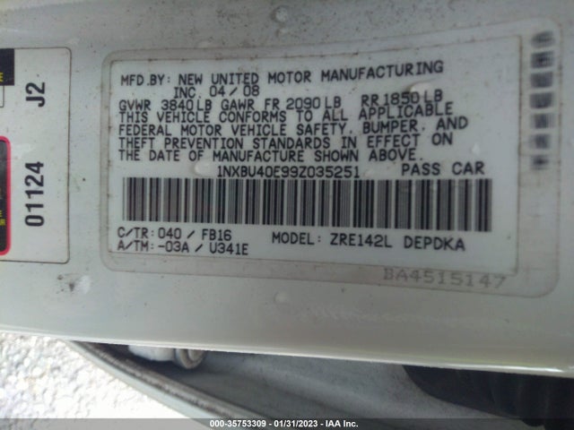 2009 TOYOTA COROLLA VIN: 1NXBU40E99Z035251