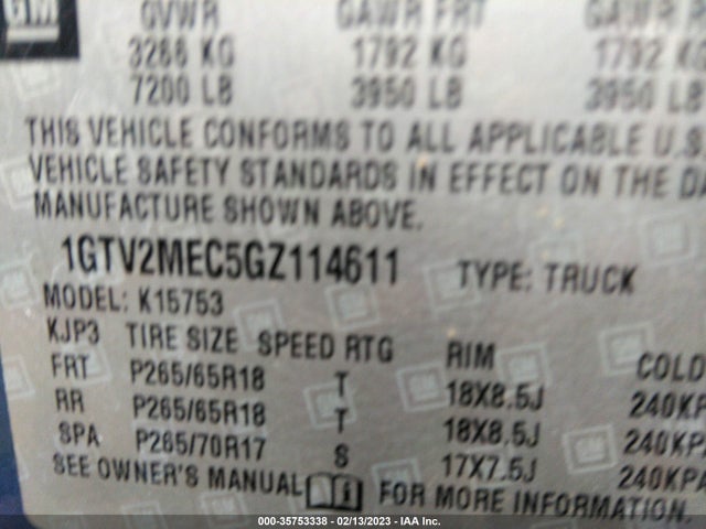 2016 GMC SIERRA 1500 SLE VIN: 1GTV2MEC5GZ114611