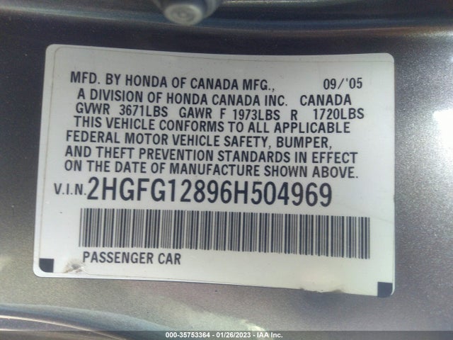 2006 HONDA CIVIC CPE EX VIN: 2HGFG12896H504969