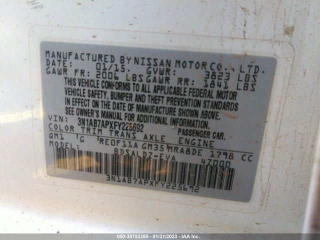 2015 NISSAN SENTRA SV VIN: 3N1AB7APXFY225692