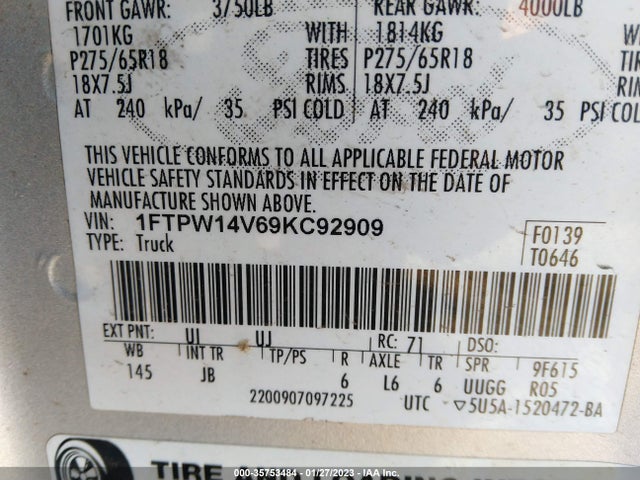 2009 FORD F-150 XL/XLT/FX4/LARIAT VIN: 1FTPW14V69KC92909