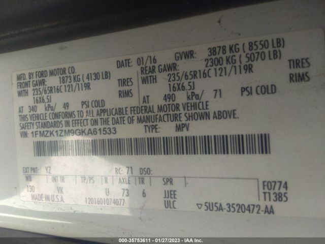1FMZK1ZM9GKA61533 Ford Transit Wagon Xl/xlt