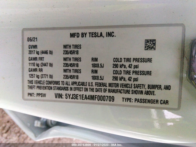 Tesla Model 3 Standard Range Plus 2021 5YJ3E1EA4MF000709 Image 10