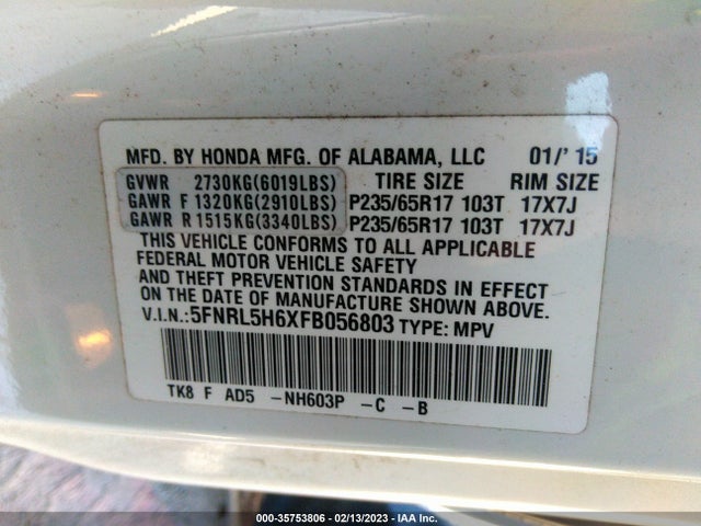 Honda Odyssey Ex-l 2015 5FNRL5H6XFB056803 Image 9