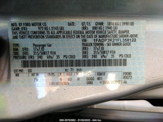 Ford FOCUS SE 2015 1FADP3K21FL358122 Image 9