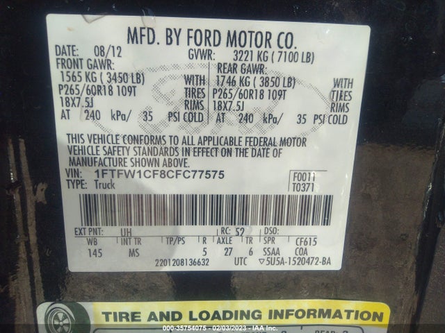 2012 FORD F-150 XL/XLT/FX2/LARIAT VIN: 1FTFW1CF8CFC77575