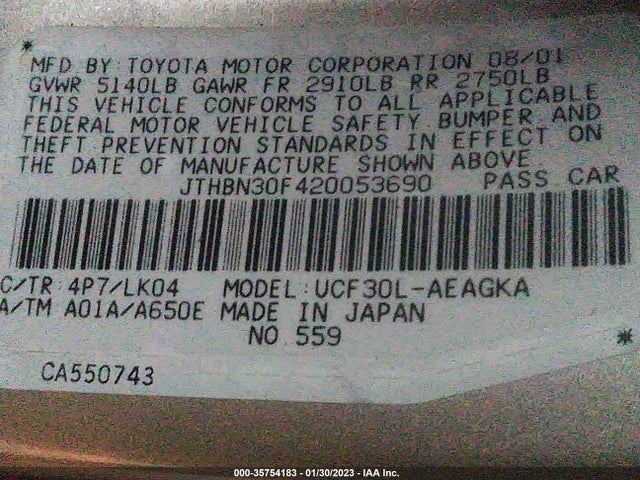 2002 LEXUS LS 430 VIN: JTHBN30F420053690