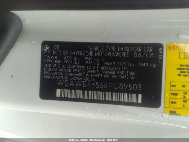2008 BMW 3 SERIES 328I VIN: WBAWB33568PU89503