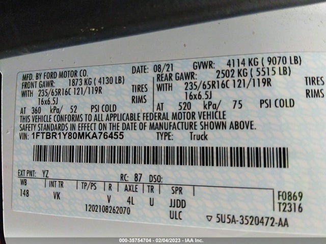 2021 Ford Transit, VIN: 1FTBR1Y80MKA76455