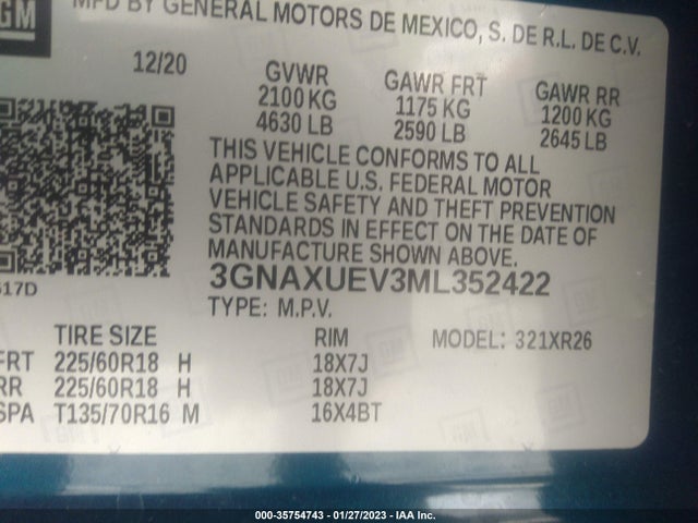 35754743 :رقم المزاد ، 3GNAXUEV3ML352422 vin ، 2021 Chevrolet Equinox Lt مزاد بيع