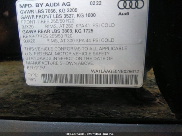 2022 Audi e-tron, VIN: WA1LAAGE5NB028612
