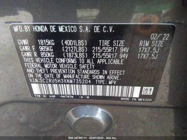 2022 Honda HR-V, VIN: 3CZRU5H3XNM735204