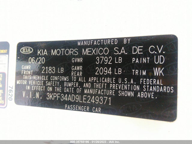 2020 KIA FORTE GT LINE VIN: 3KPF34AD9LE249371