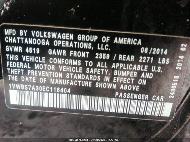 1VWBS7A30EC116404 Volkswagen Passat Se W/sunroof