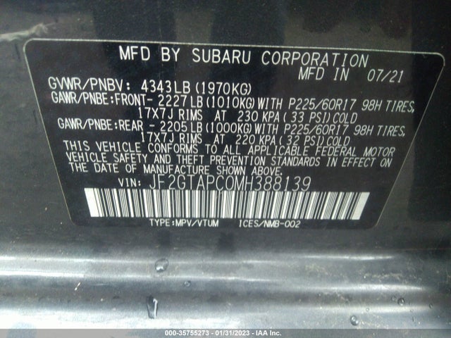 2021 SUBARU CROSSTREK PREMIUM VIN: JF2GTAPC0MH388139