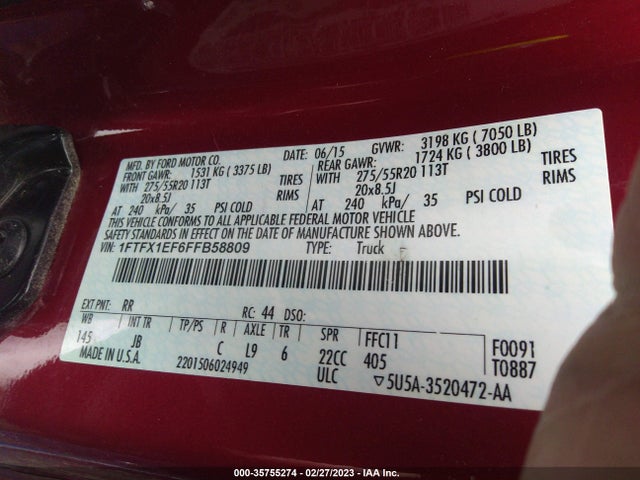 2015 FORD F-150 XLT/XL W VIN: 1FTFX1EF6FFB58809