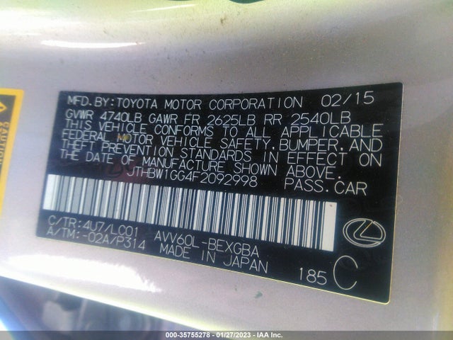 2015 Lexus ES, VIN: JTHBW1GG4F2092998
