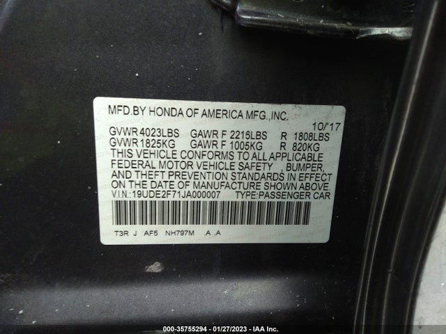 2018 ACURA ILX W VIN: 19UDE2F71JA000007