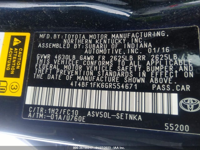 Auction sale of the 2016 Toyota Camry Xle/se/le/xse, vin: 4T4BF1FK6GR554671, lot number: 35755317