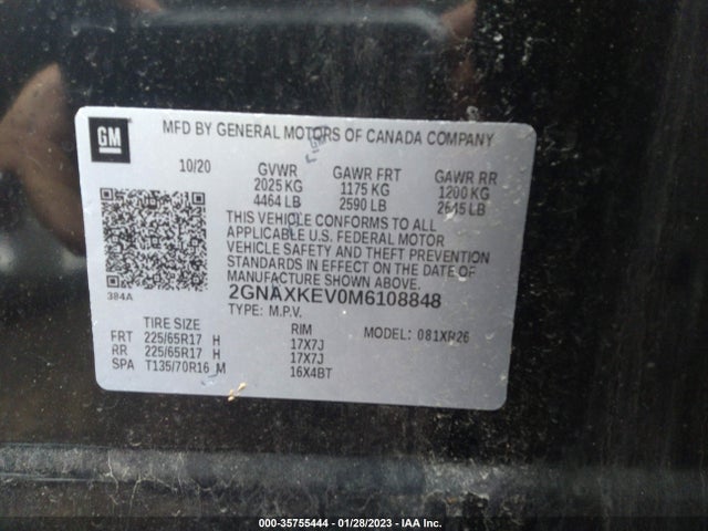 2021 Chevrolet Equinox, VIN: 2GNAXKEV0M6108848