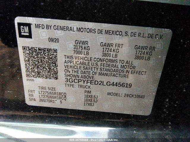 2020 CHEVROLET SILVERADO 1500 LT TRAIL BOSS VIN: 3GCPYFED2LG445619