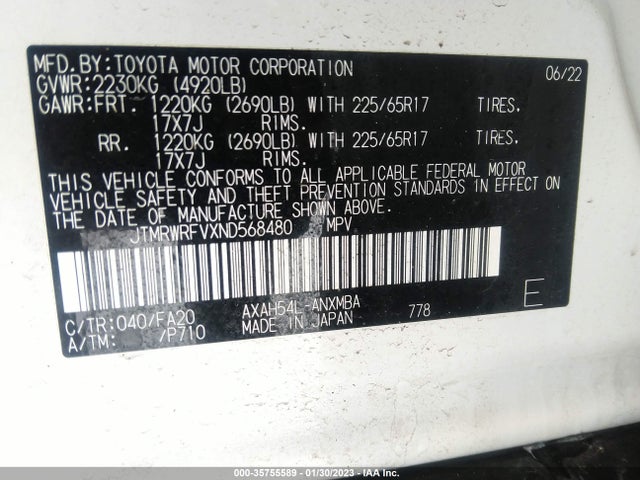 2022 Toyota RAV4, VIN: JTMRWRFVXND568480