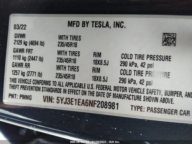 Tesla MODEL 3 2022 5YJ3E1EA6NF208981 Image 9