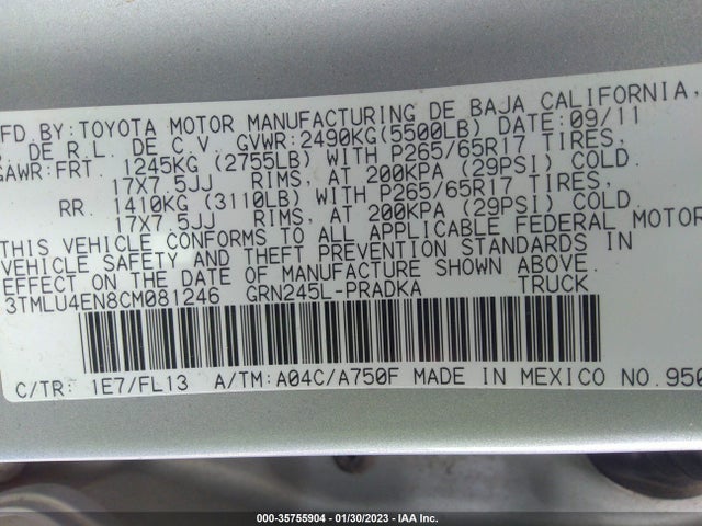 2012 TOYOTA TACOMA VIN: 3TMLU4EN8CM081246