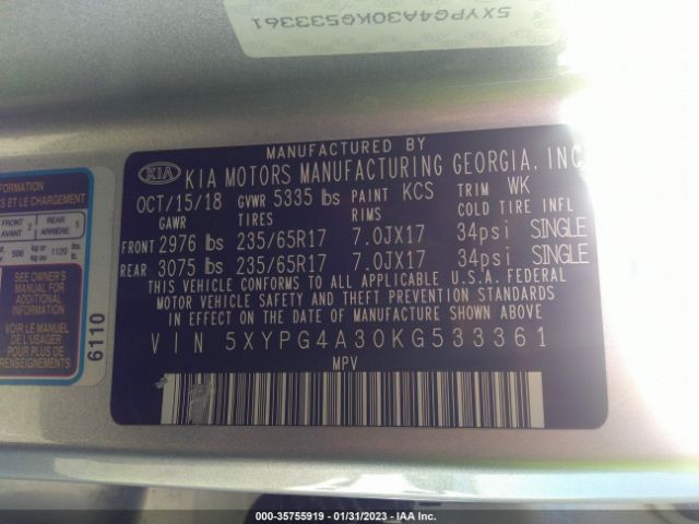 5XYPG4A30KG533361 KIA SORENTO LX