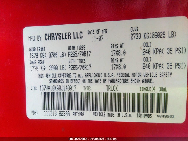 2008 DODGE RAM 1500 ST VIN: 1D7HA16K08J149017